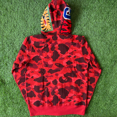 Bape Red Color Camo Shark Full Zip Hoodie